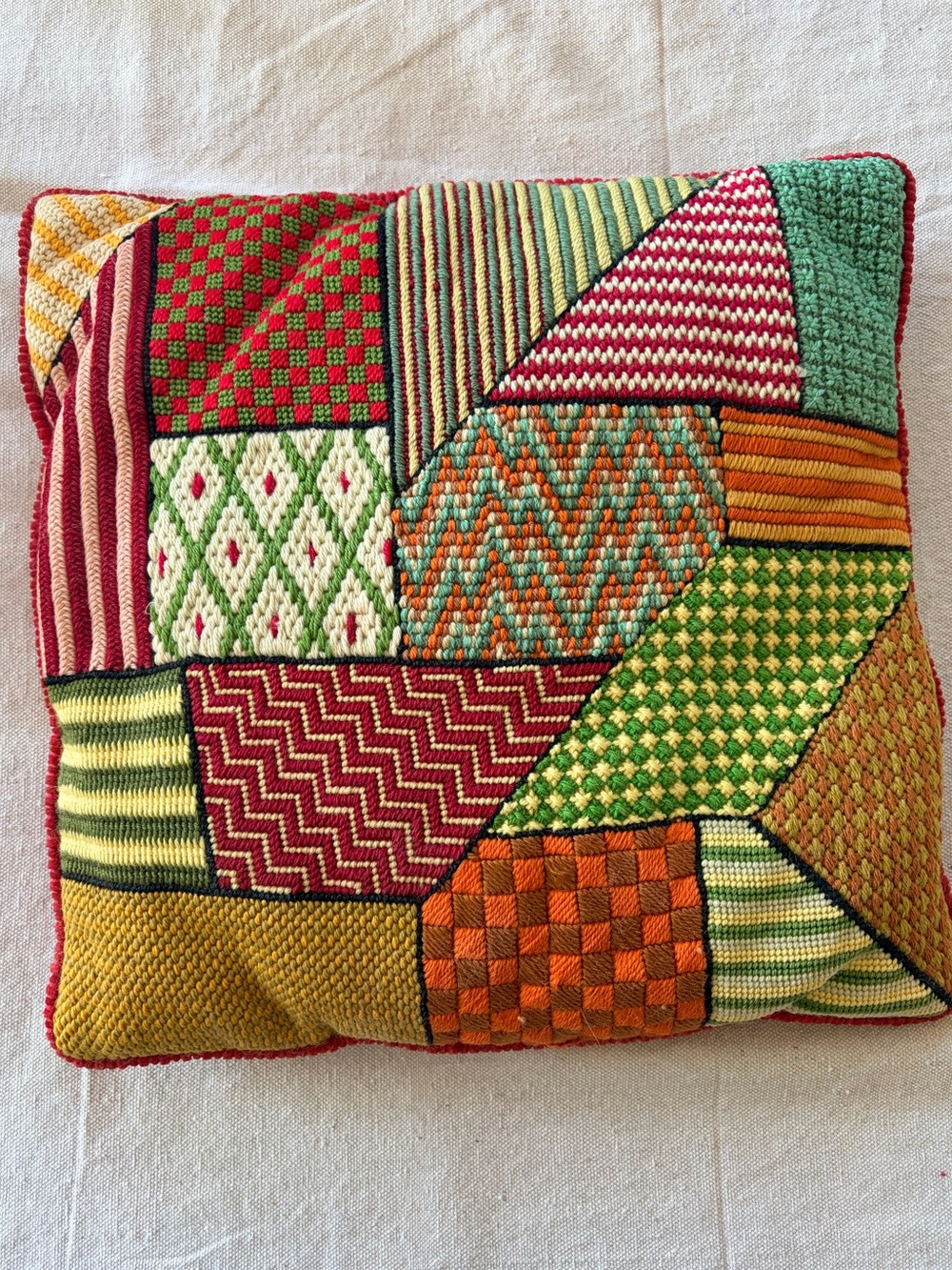 VTG handcrafted throw pillow needlepoint crewel boho 1970s MCM 14" square